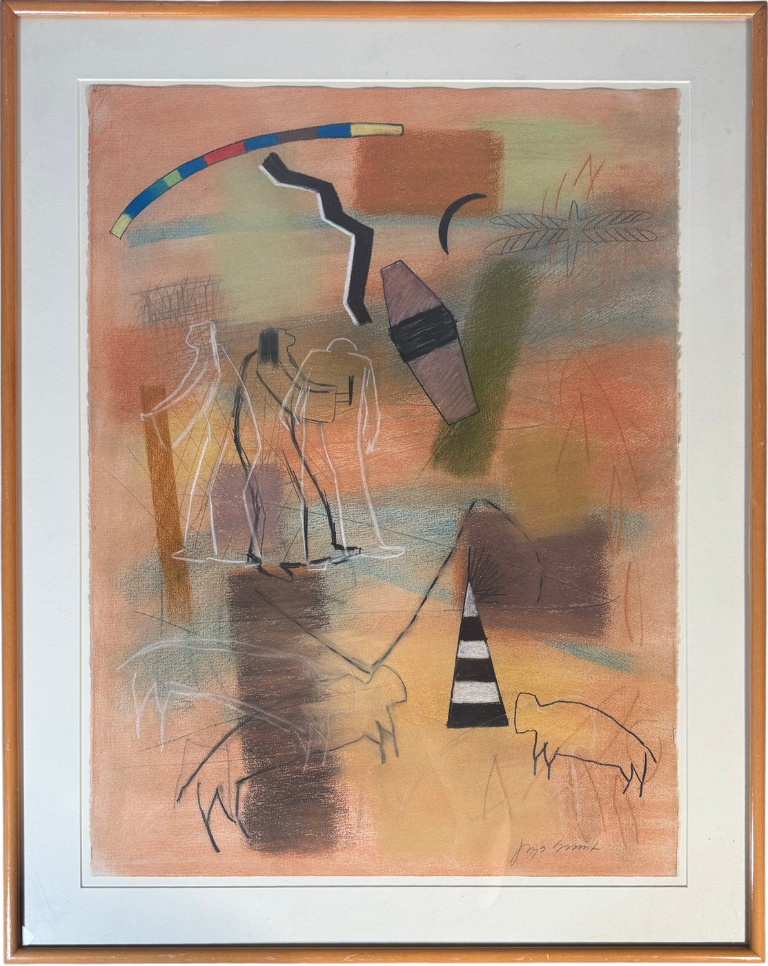 Jaune Quick-to-See Smith pastel drawing with figures and petroglyphs, c.1980, framed