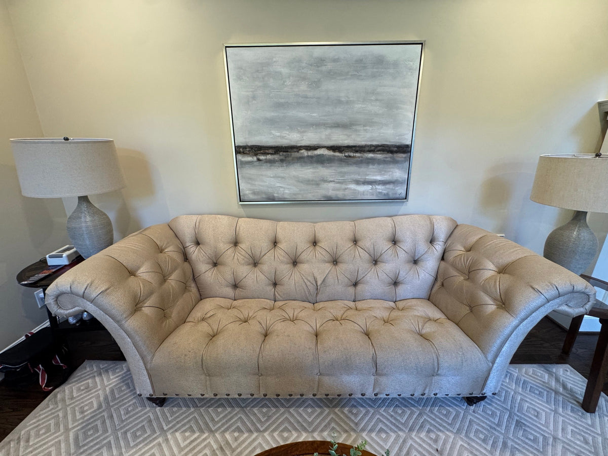 Thomasville Ella Tufted Sofa 99in, Oatmeal Weave, Bronze Nailhead, Camelback