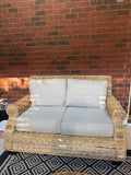 AFD Home Cabana Grand Woven Loveseat, Round Ottoman and Stool, Solid Mahogany, Old Money