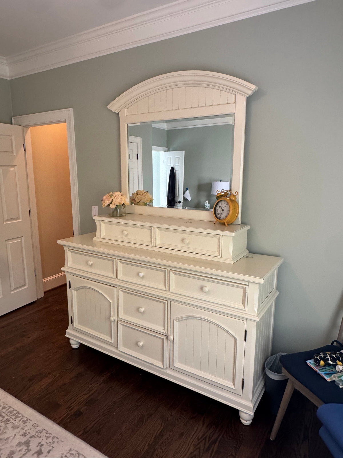 Painted Cottage Dresser with Deck and Arched Beadboard Mirror, Antique White, Coastal Farmhouse