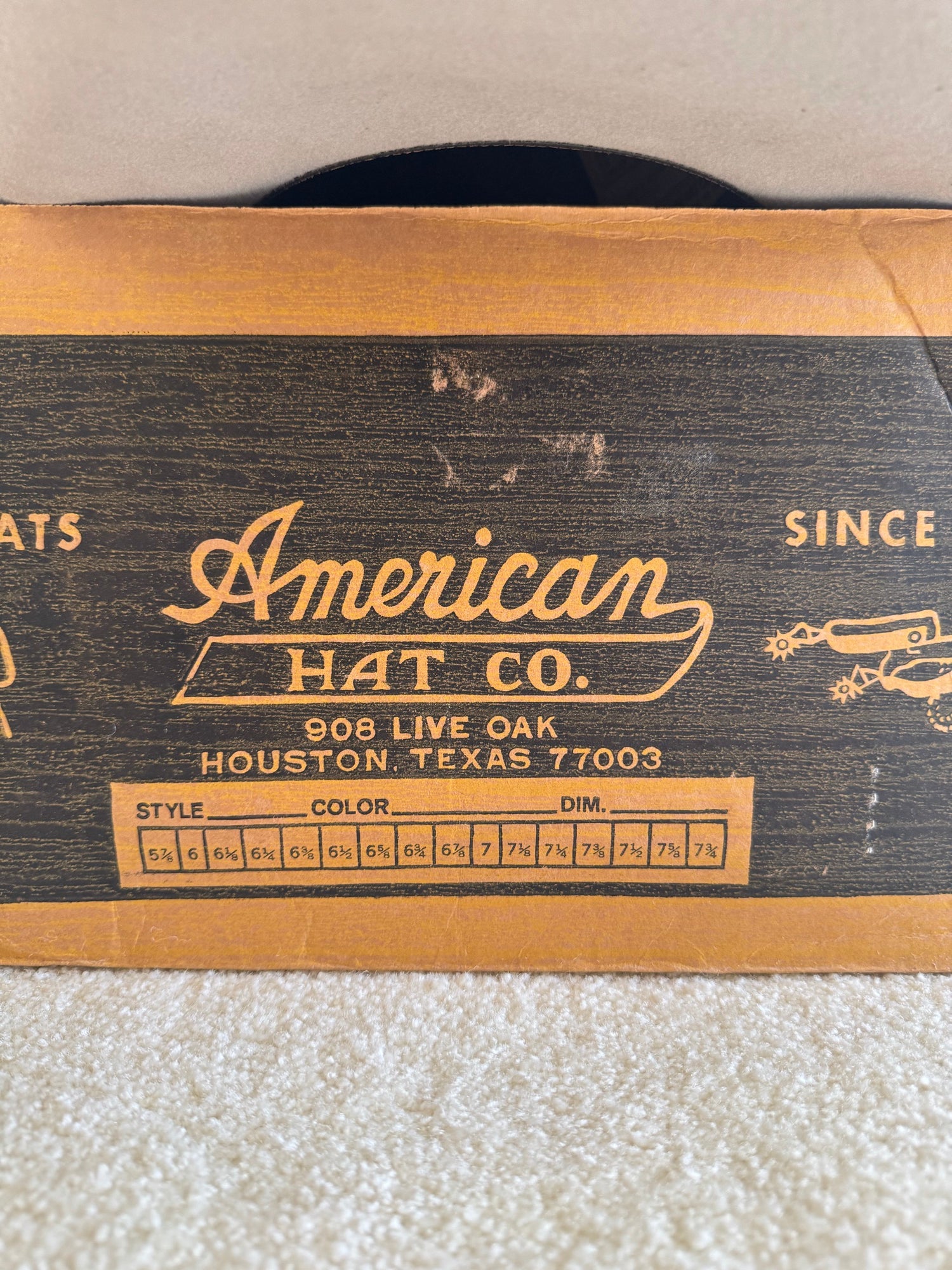 American Hat Co. wooden box label showing Houston, Texas address and size measurements