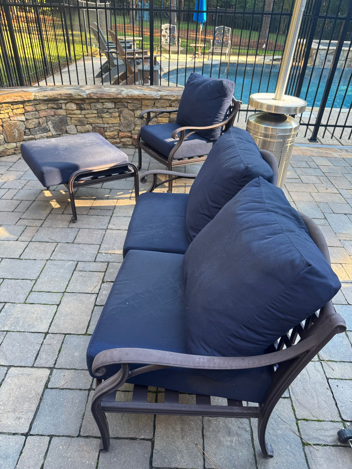 Eddie Bauer Cast Aluminum Patio Set, Loveseat, Chair, Ottoman, Bronze, Sunbrella Cushions