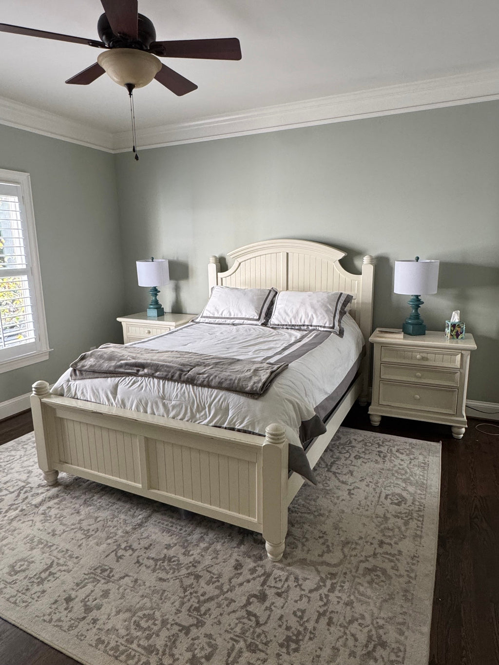 Painted Cottage Queen Bed with 2 Nightstands, Beadboard, Antique White, Coastal Farmhouse