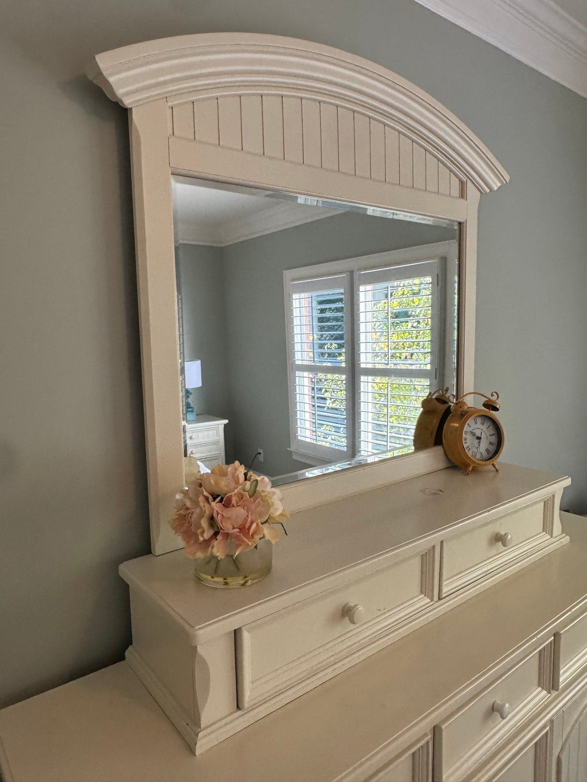Painted Cottage Dresser with Deck and Arched Beadboard Mirror, Antique White, Coastal Farmhouse