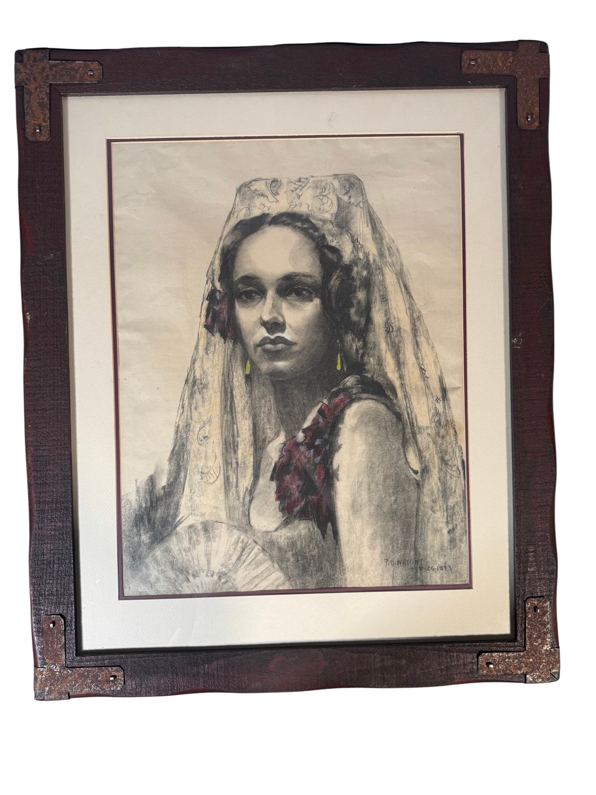 1933 Charcoal Pastel Portrait Woman in Lace Mantilla, Signed P.O. Wright, Framed