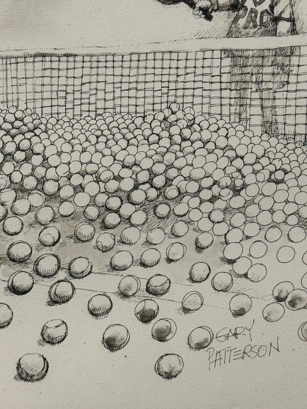Close-up detail of cartoon showing numerous tennis balls with shading and cross-hatched net, signed Gary Patterson in lower right