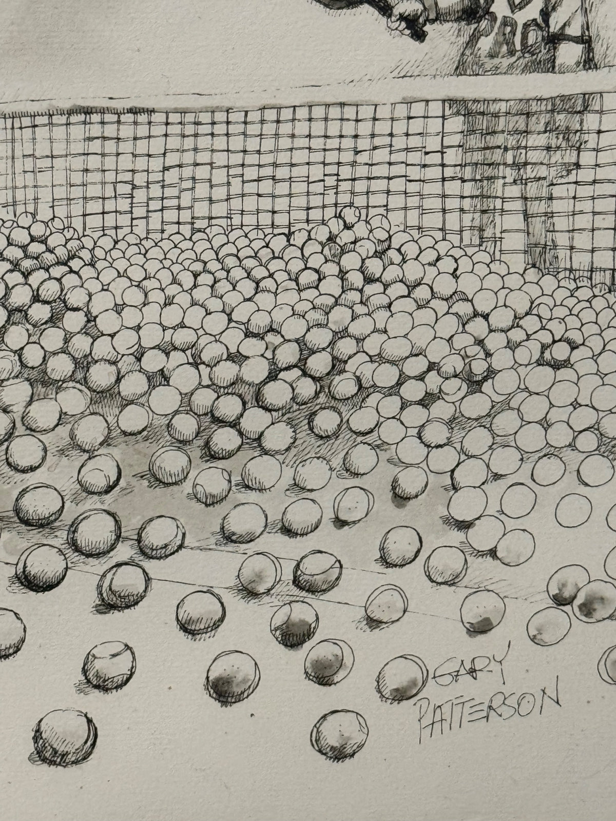 Close-up detail of cartoon showing numerous tennis balls with shading and cross-hatched net, signed Gary Patterson in lower right