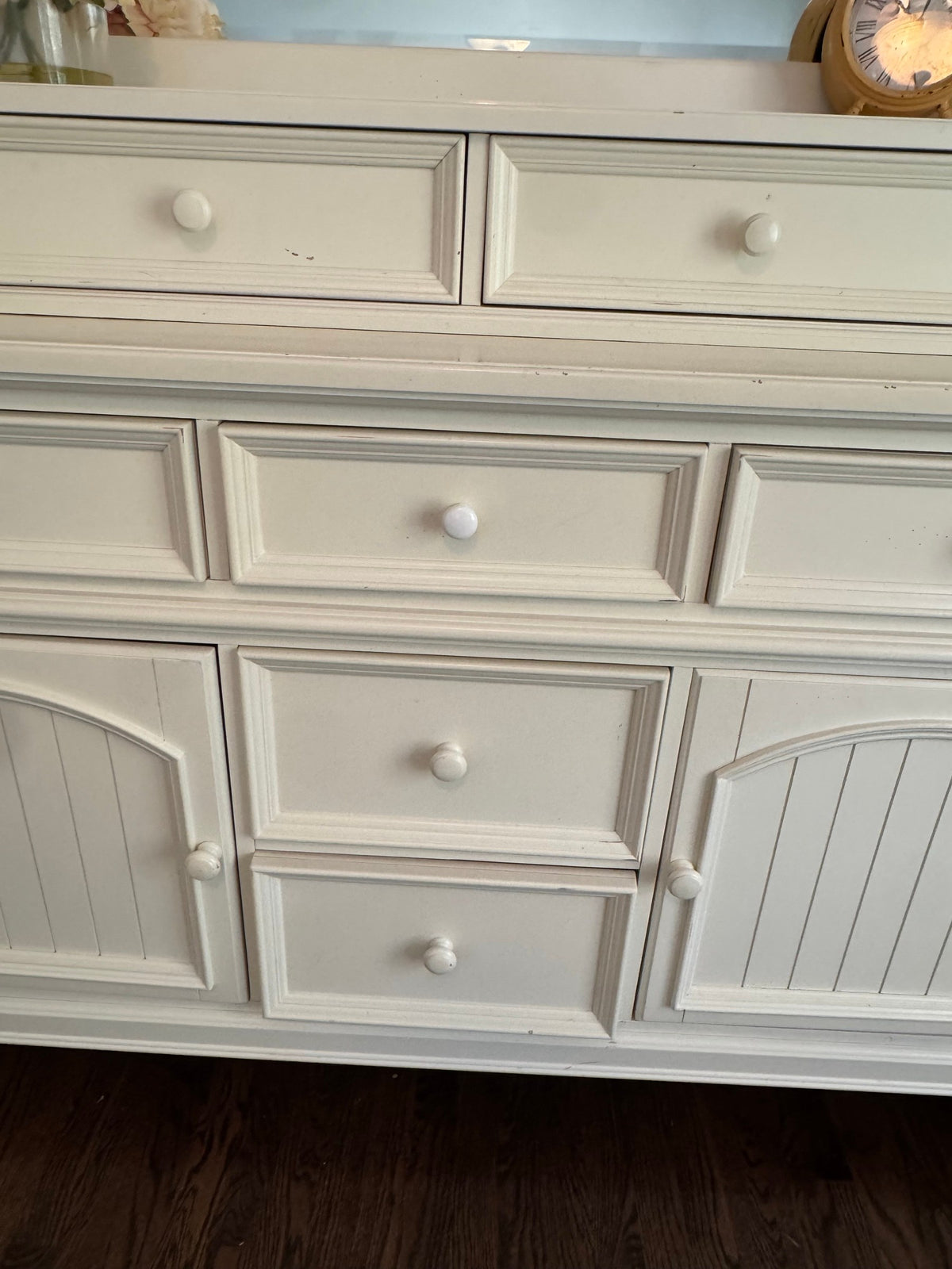 Painted Cottage Dresser with Deck and Arched Beadboard Mirror, Antique White, Coastal Farmhouse