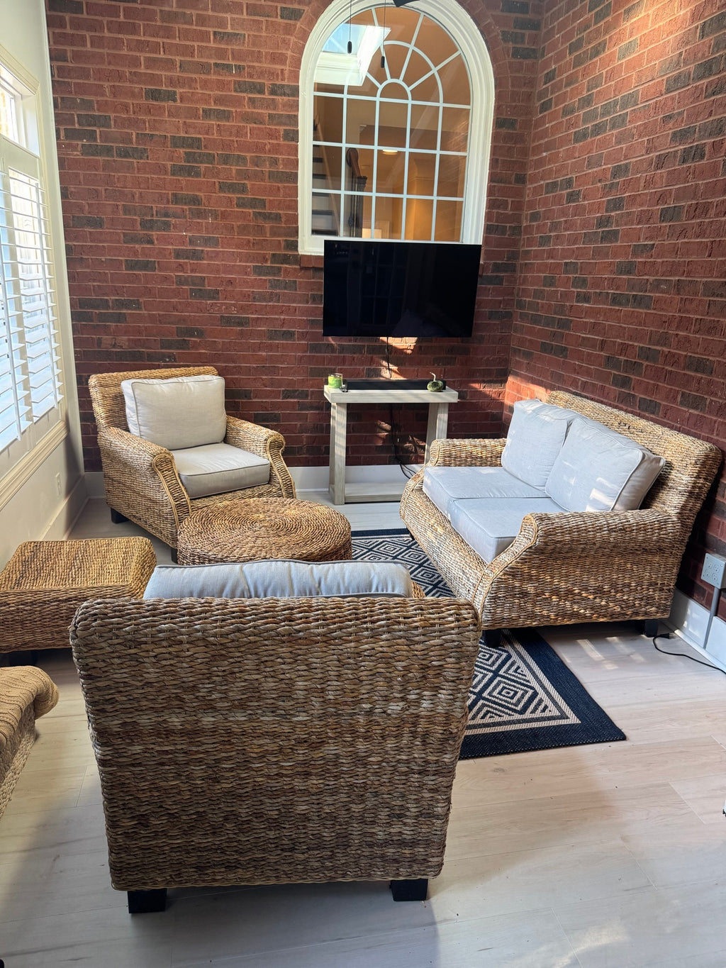 AFD Home Cabana Grand Woven Loveseat, Round Ottoman and Stool, Solid Mahogany, Old Money