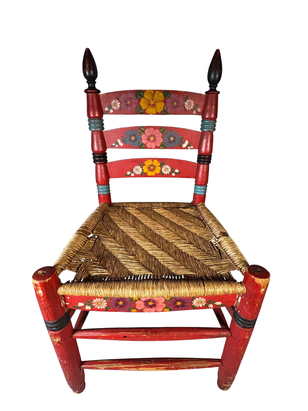 Hand-Painted Folk Art Ladderback Chair with Rush Seat