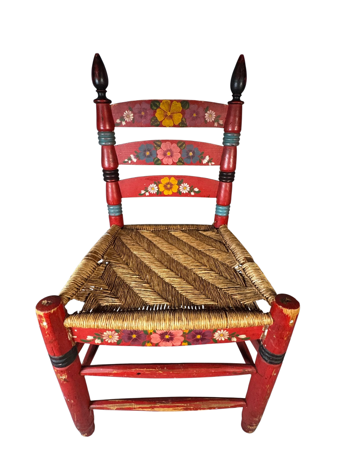 Hand-Painted Folk Art Ladderback Chair with Rush Seat