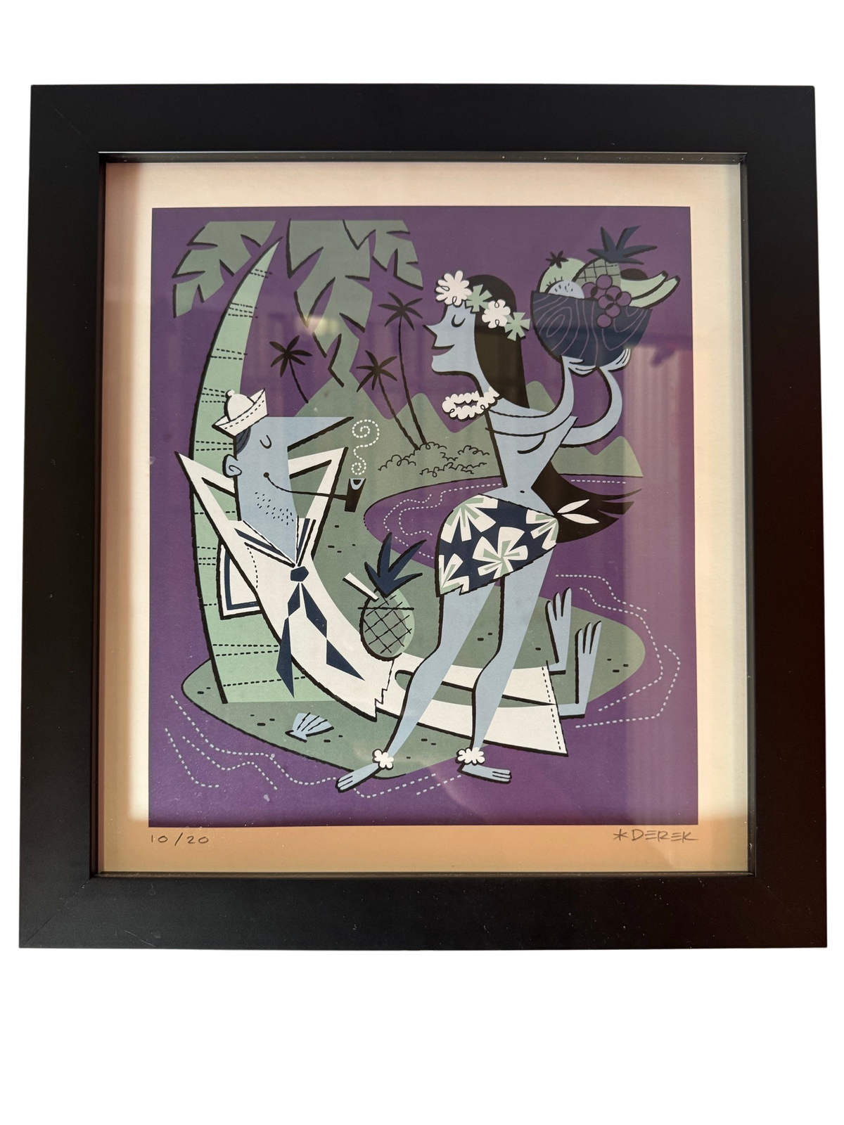 Framed hammock and hula dancer screenprint, straight-on