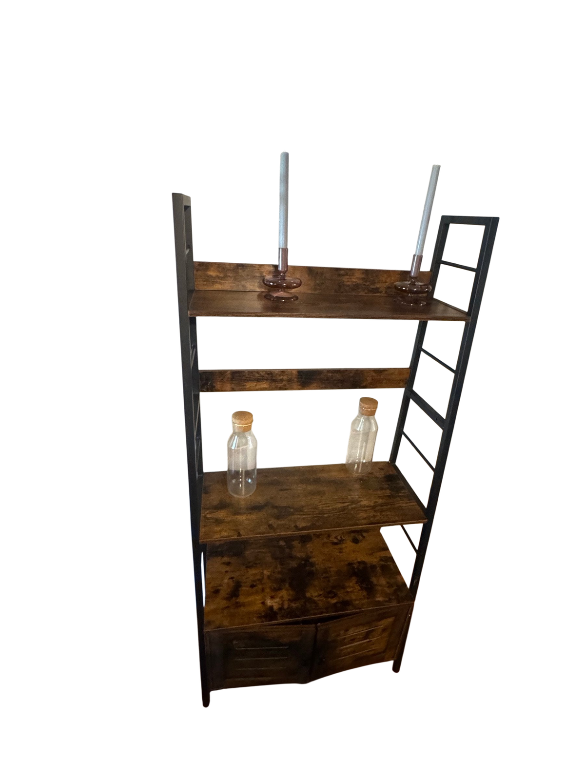 Industrial ladder shelf with rustic brown shelves and black frame