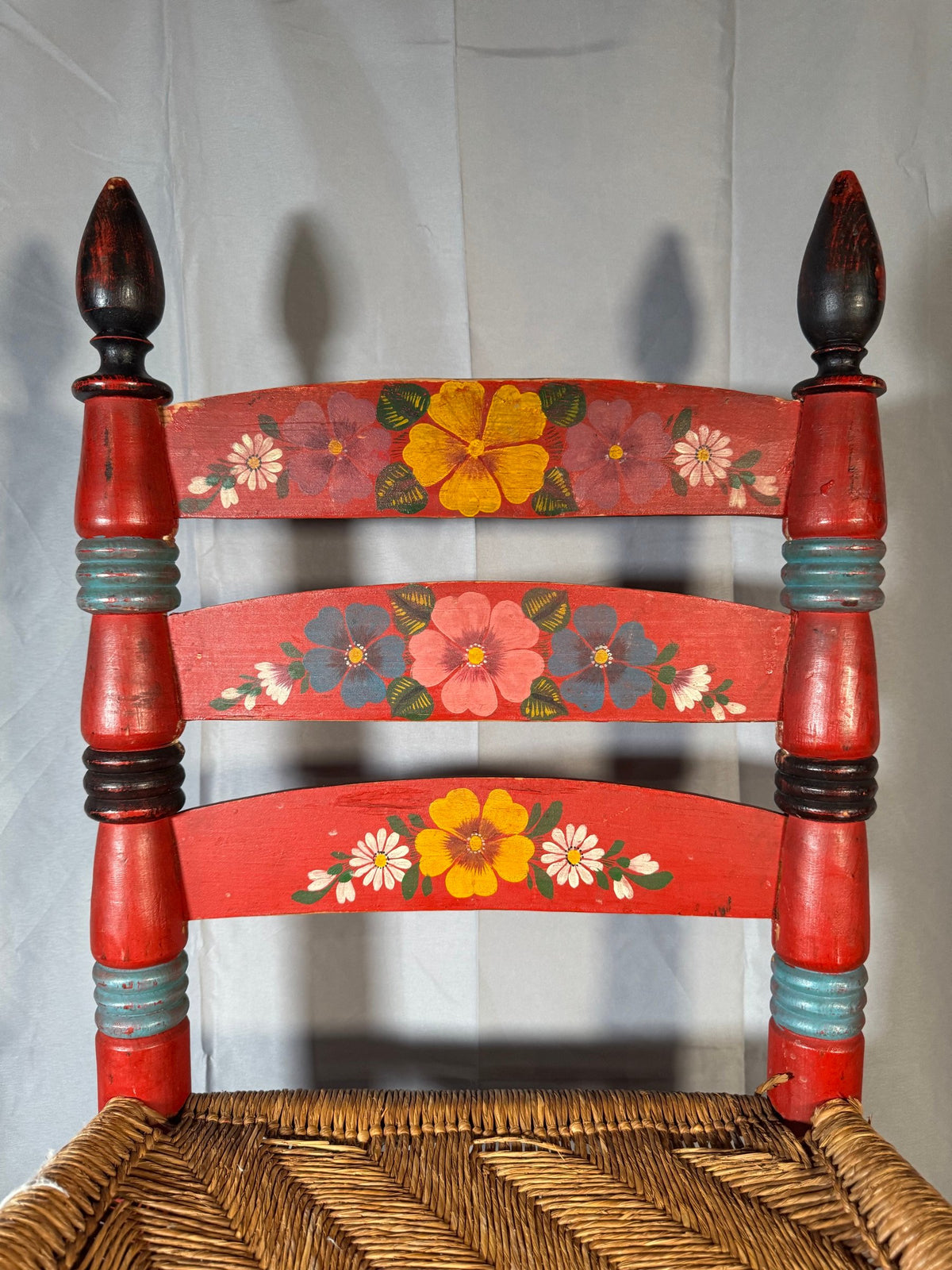 Hand-Painted Folk Art Ladderback Chair with Rush Seat