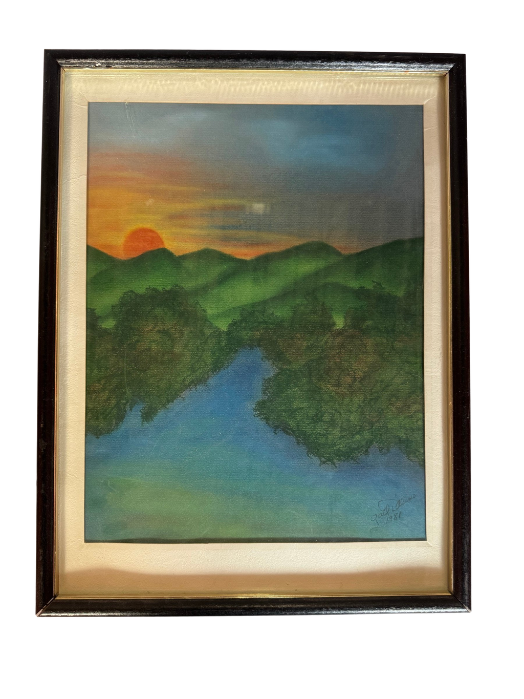 Framed sunset mountain landscape, straight-on