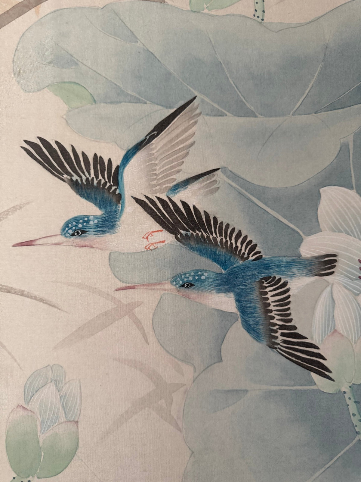Japanese Four Panel Byobu Folding Screen Hand Painted Lotus Pond and Kingfishers 70 x 34 in