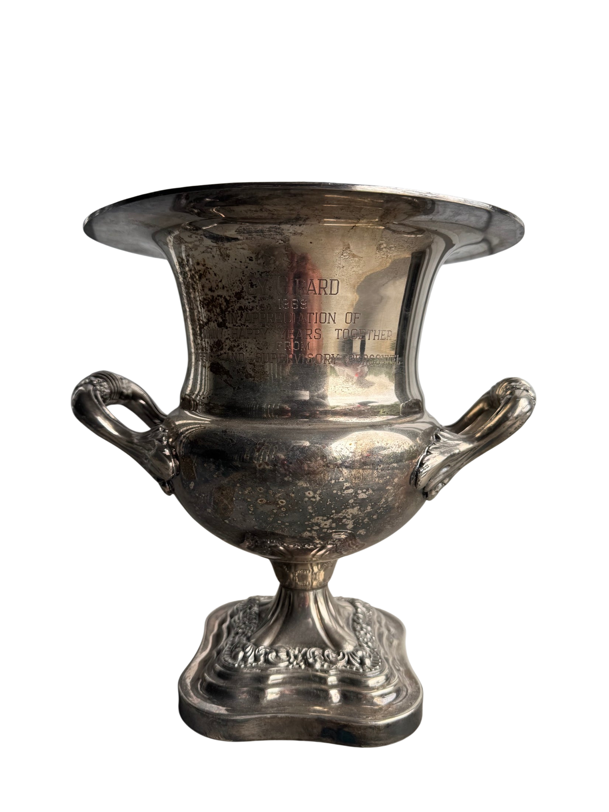 Silver Plate Two Handled Presentation Trophy Cup Engraved Vintage Good