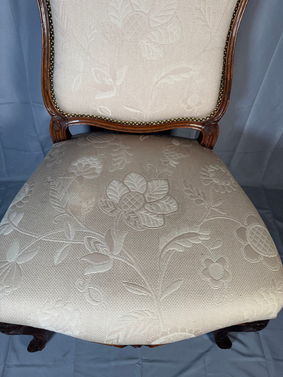 Louis XV Style Carved Walnut Side Chair, Cream Damask