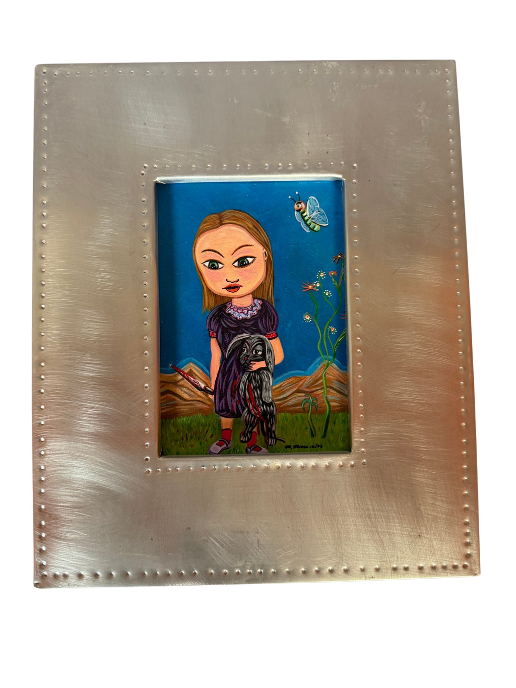 Troubled Tina small acrylic in a hammered metal frame, straight-on