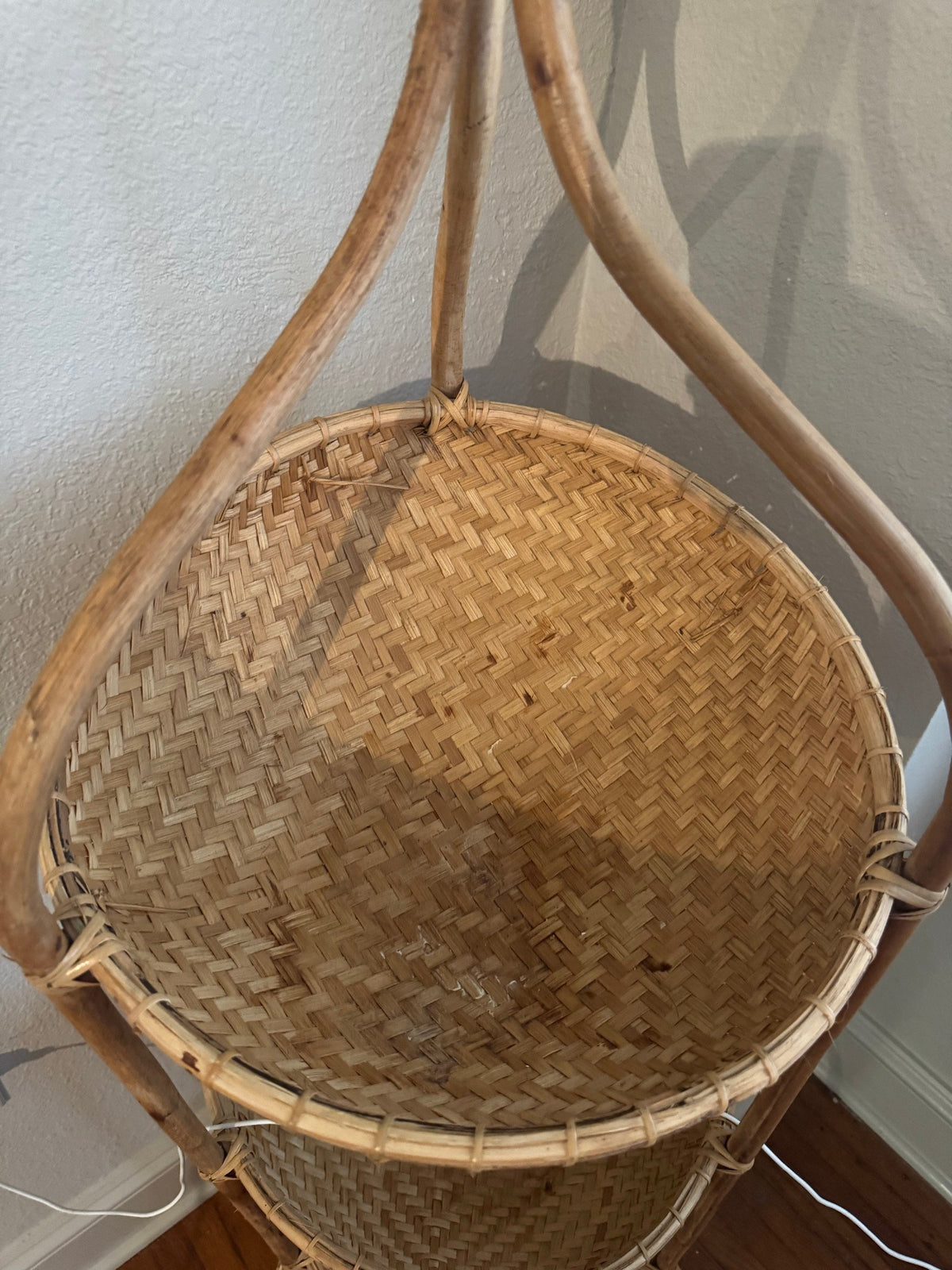 Close view of a woven basket tier