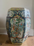 Chinese Famille Rose Hexagonal Porcelain Garden Stool Figural Panels Vintage