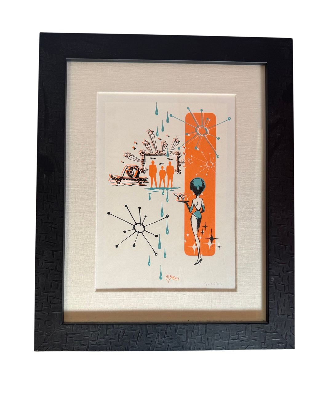 Framed retro cocktail waitress screenprint in orange and teal with black frame and white mat