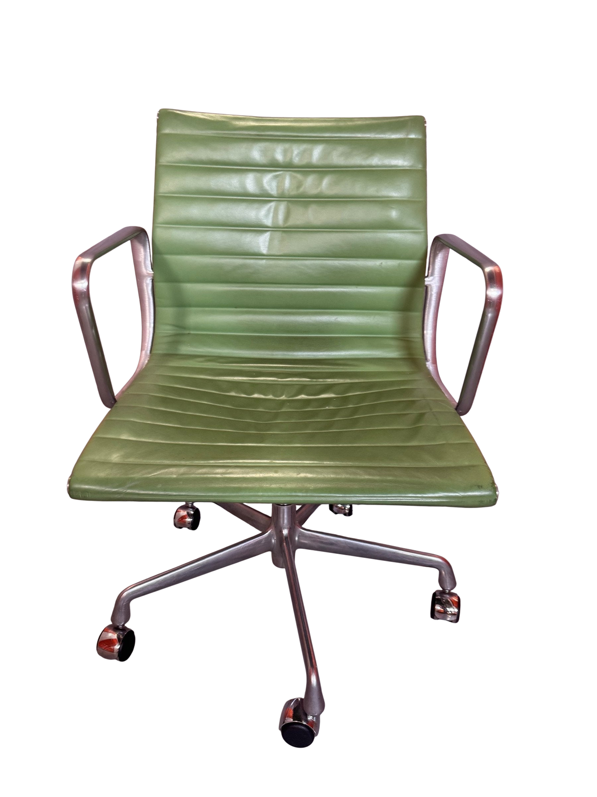 Green ribbed office chair with aluminum arms on a five-star caster base, front view