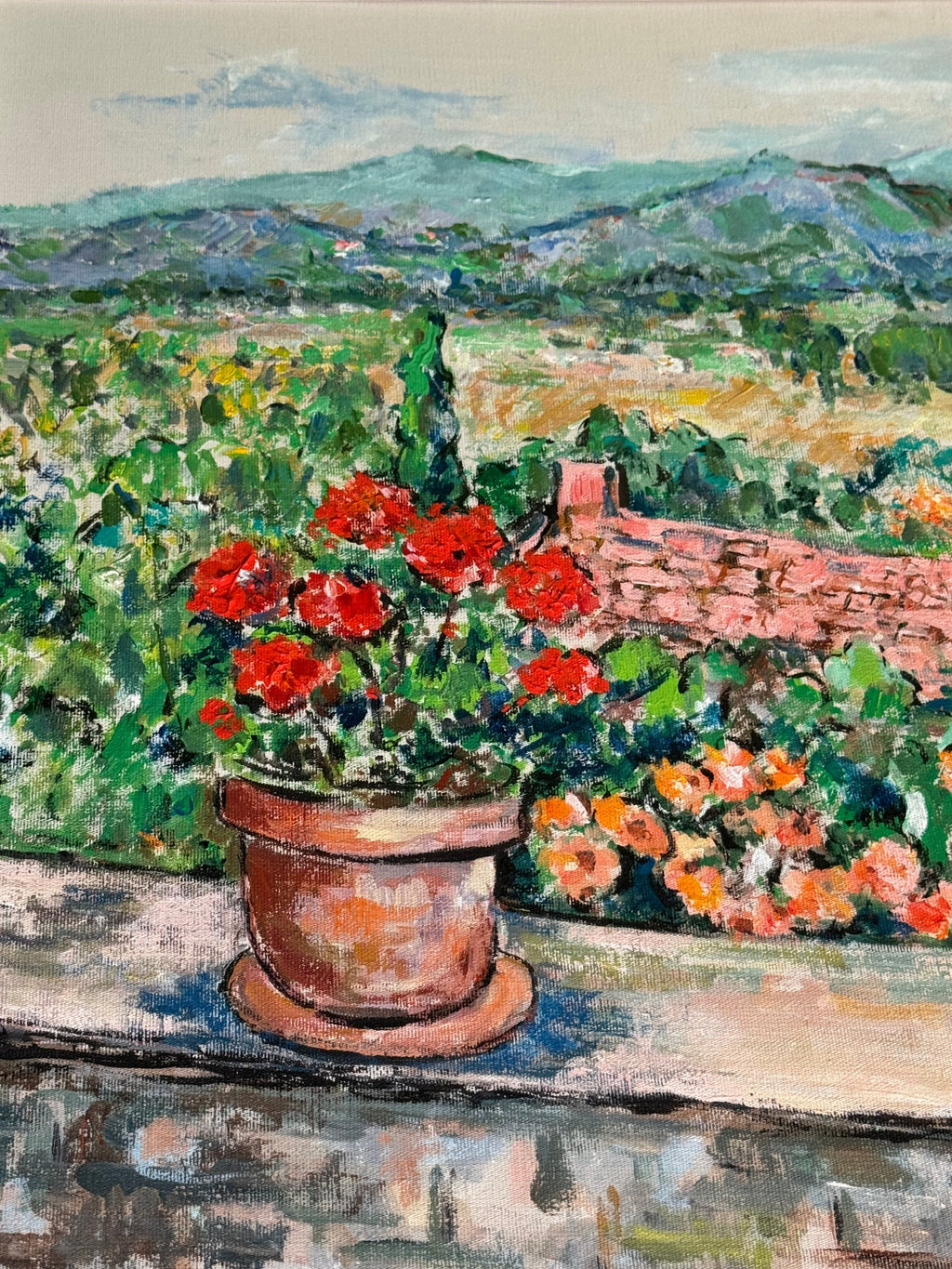 Oil Painting Pot of Geraniums on Terrace Wall Signed Girard 78 Gilt Frame