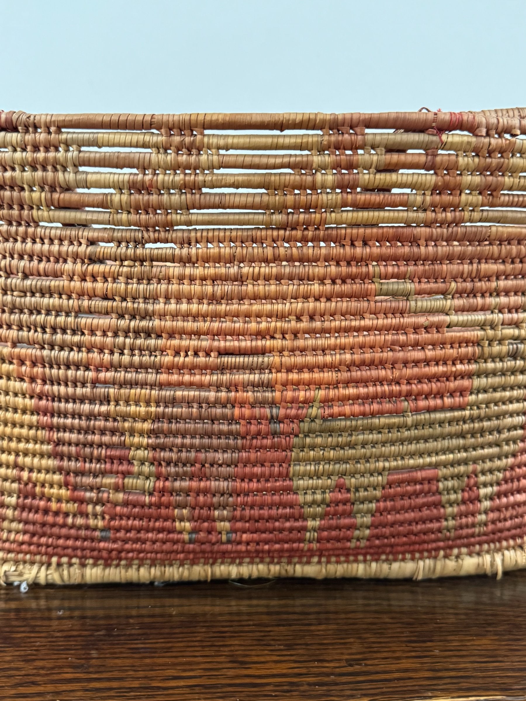 Basket handles from above showing wrapped fiber construction and connection to basket body