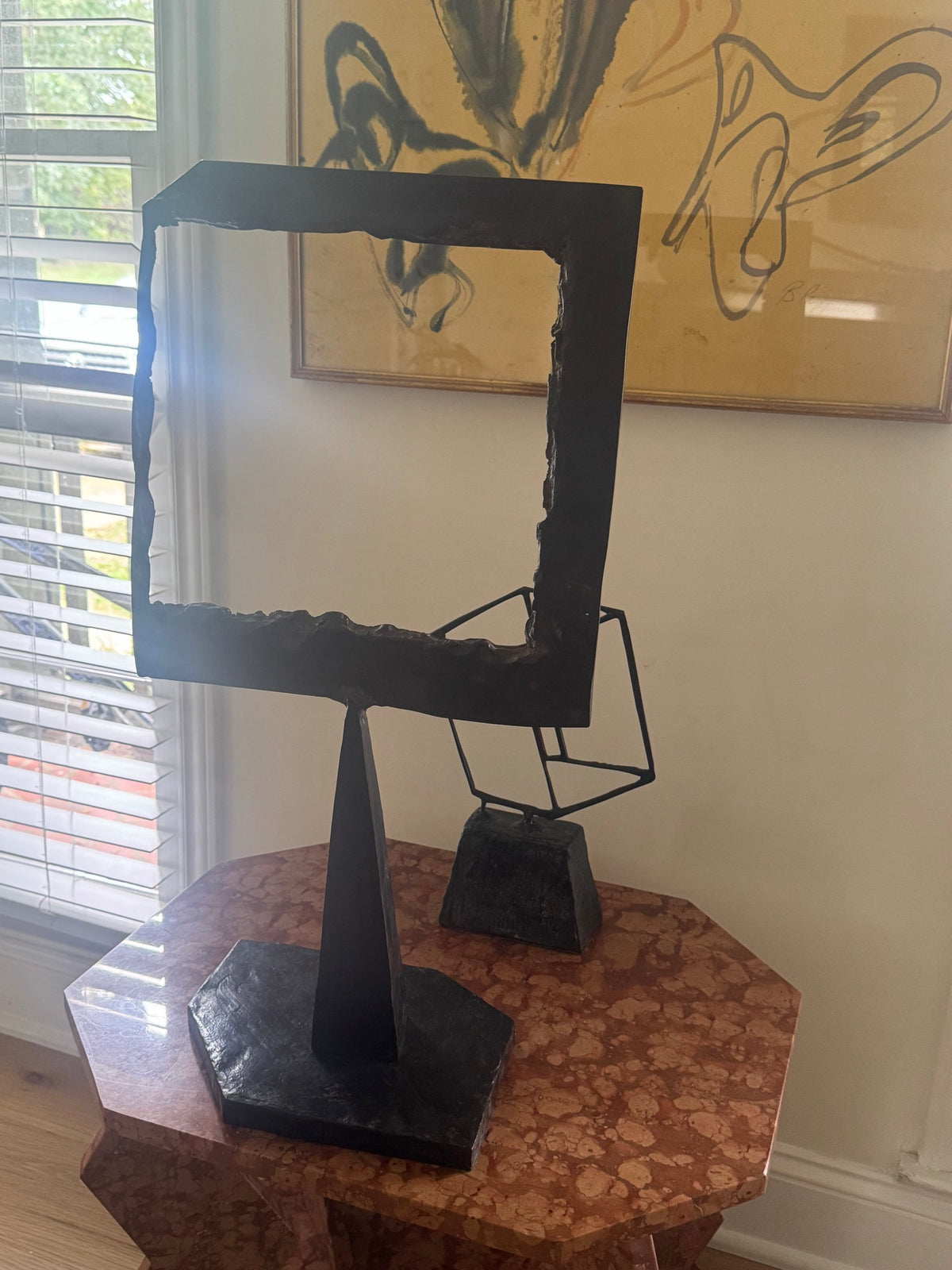 Brutalist Welded Steel Sculpture Abstract Cube and Block on Pedestal Signed No