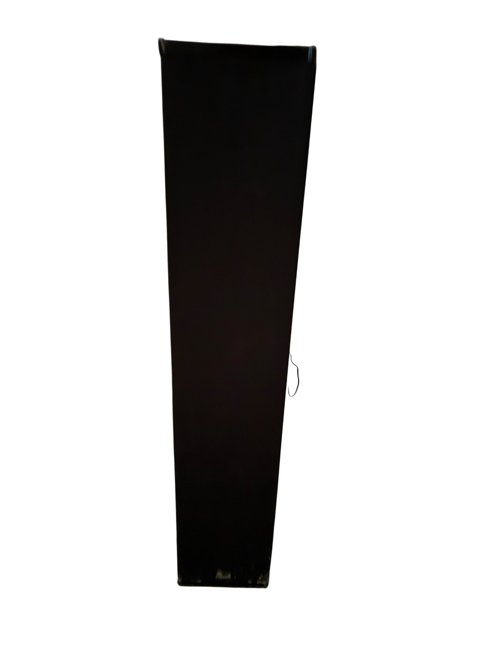 Black Definitive Technology floorstanding speaker standing next to a wall and space heater