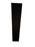 Black Definitive Technology floorstanding speaker standing next to a wall and space heater
