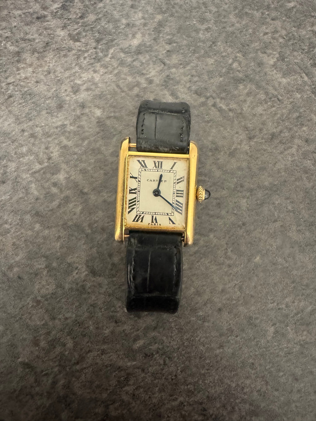 Cartier Tank Style Wristwatch Gold Tone Roman Dial Black Leather Signed Buckle