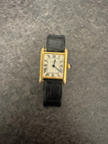 Cartier Tank Style Wristwatch Gold Tone Roman Dial Black Leather Signed Buckle