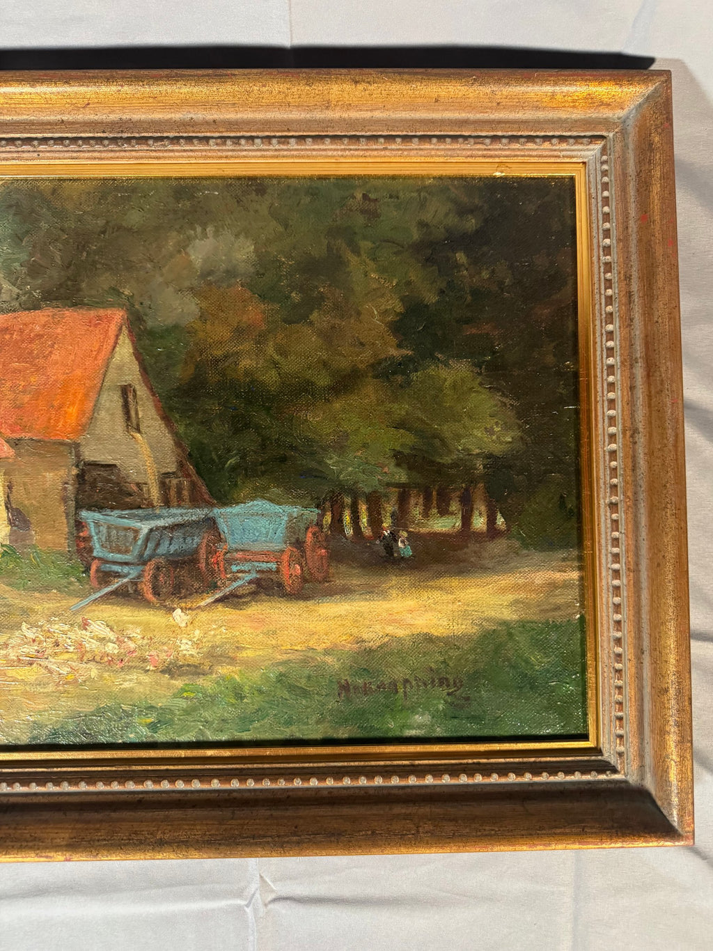 Vintage Farmyard Oil Painting on Canvas Blue Wagons Geese Signed H Knapping