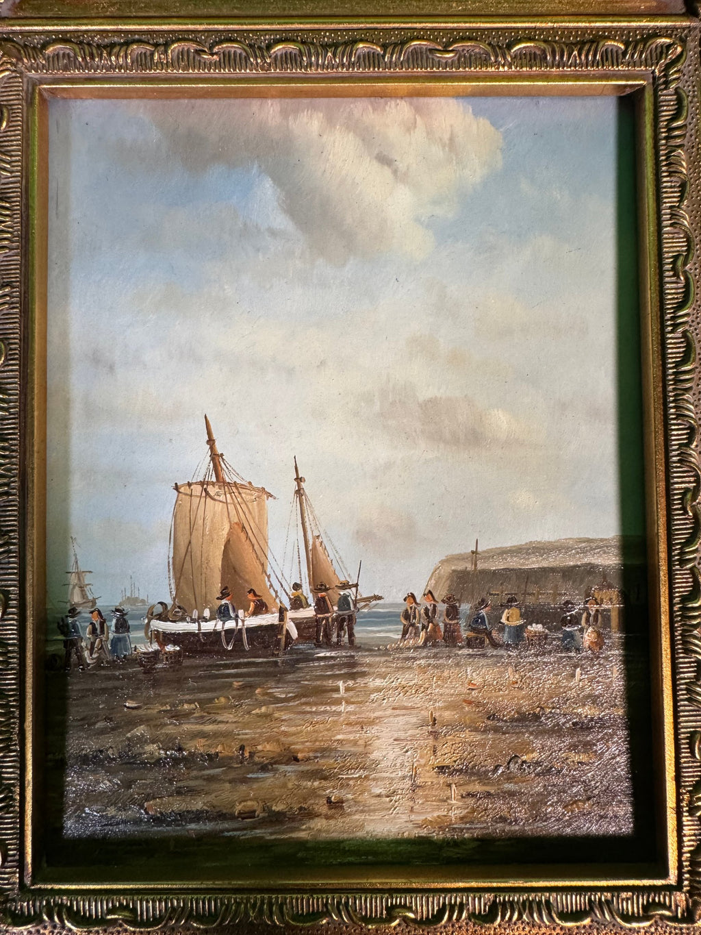 Original Oil Painting Fishing Boat Beached at Low Tide Marine Ornate Gilt Frame