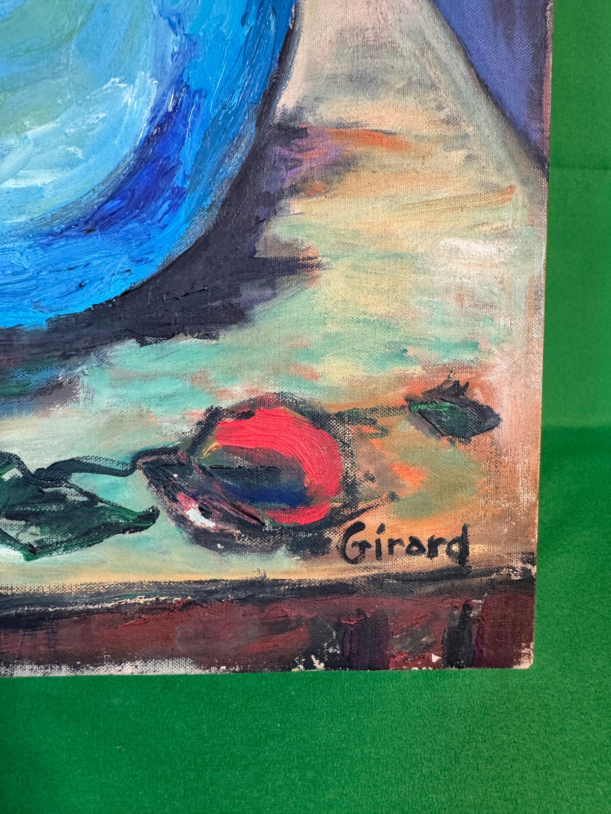 Oil Painting Mixed Bouquet Blue Vase Signed Girard Unframed Canvas Wall Art