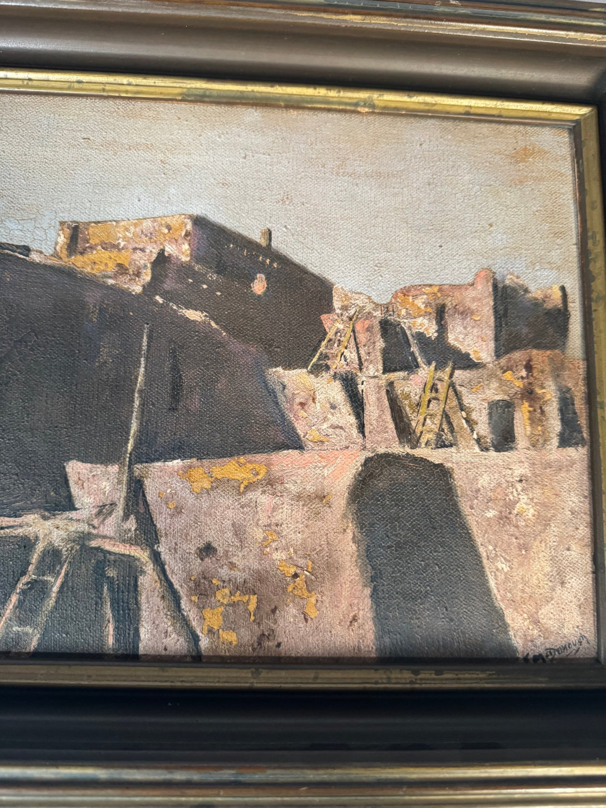 Southwest Pueblo Oil Painting with Kiva Ladders Signed McDonough Vintage Frame