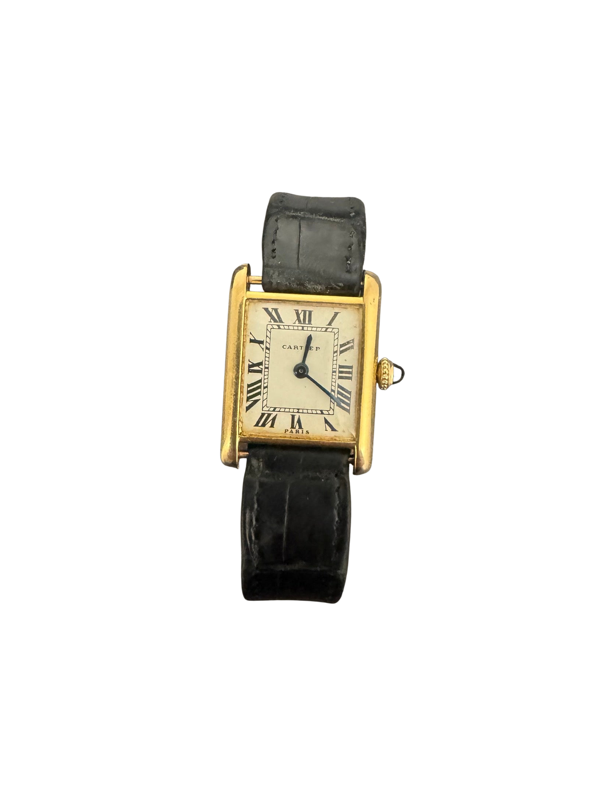 Cartier Tank 18k Gold Wristwatch — Roman Dial, Black Leather Strap, Signed Buckle