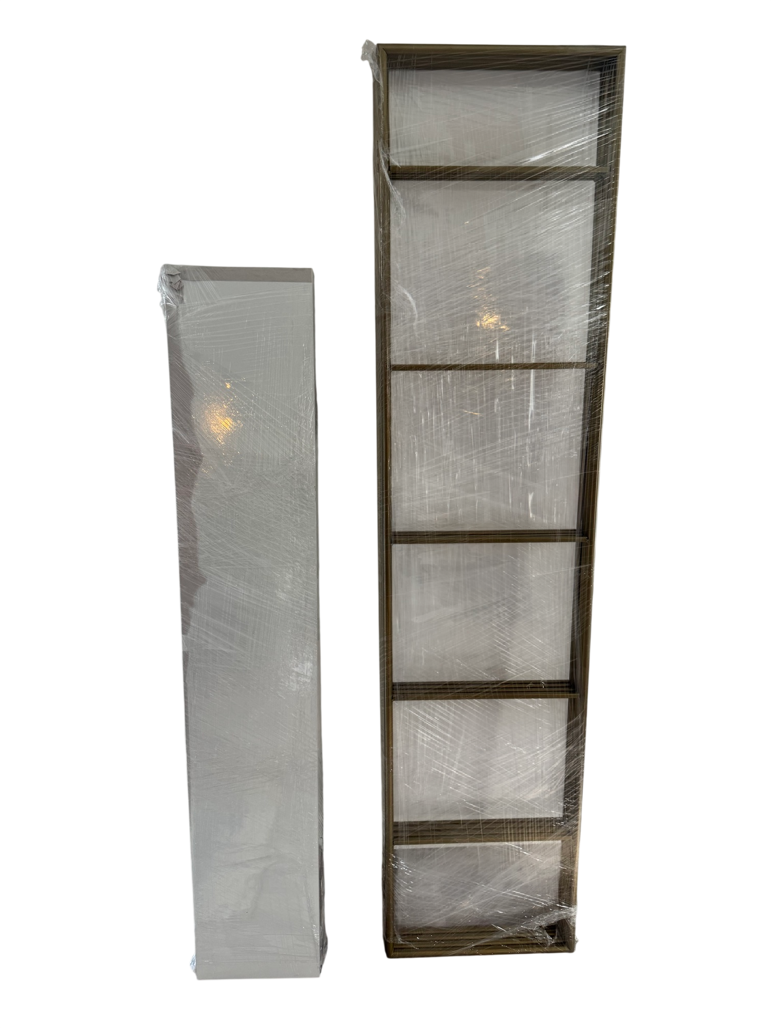 Two wrapped shelving units shown against white background: narrow white column and tall dark wood-frame etagere with five shelves
