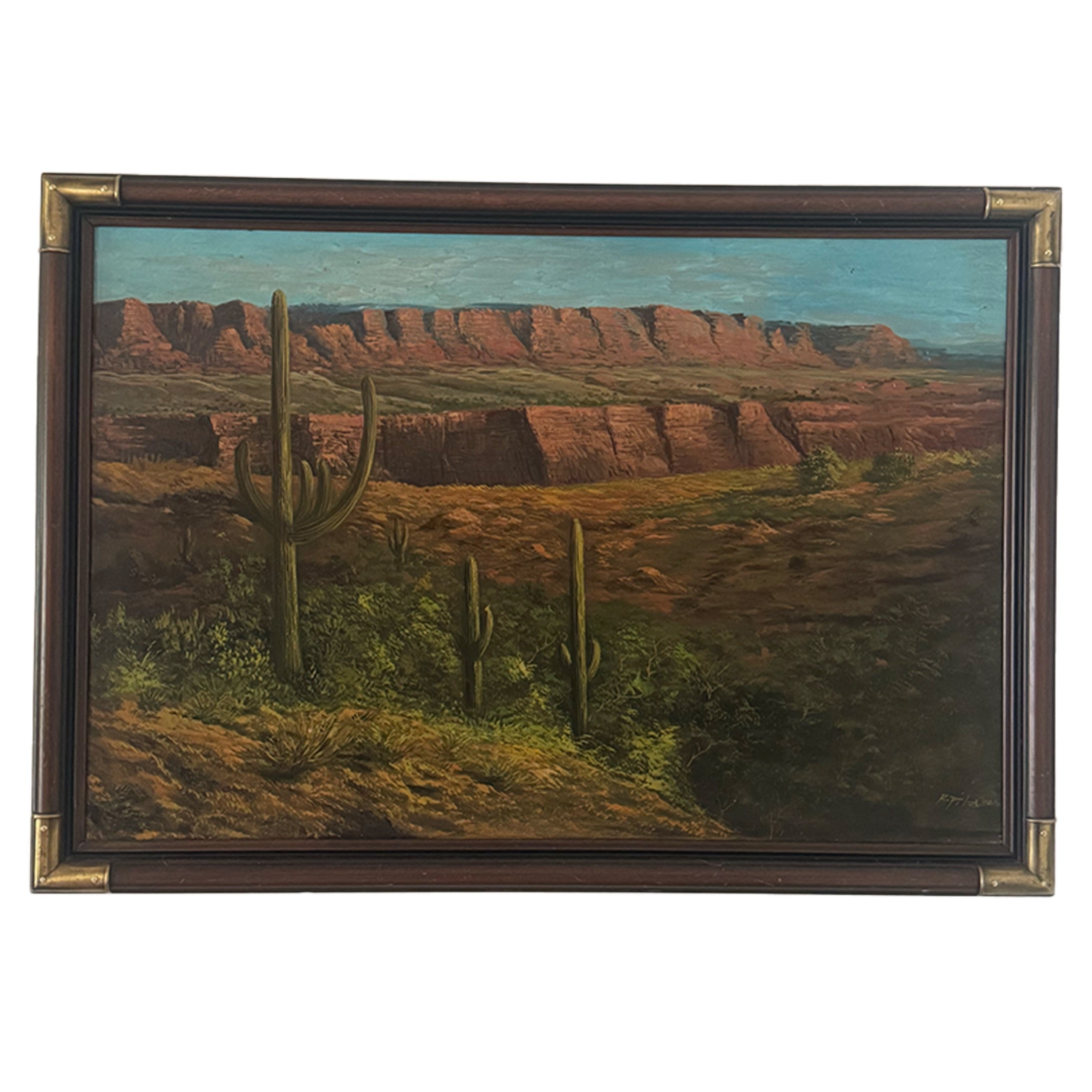 Southwestern Desert Landscape Oil Painting Saguaro Red Cliffs Framed Vintage