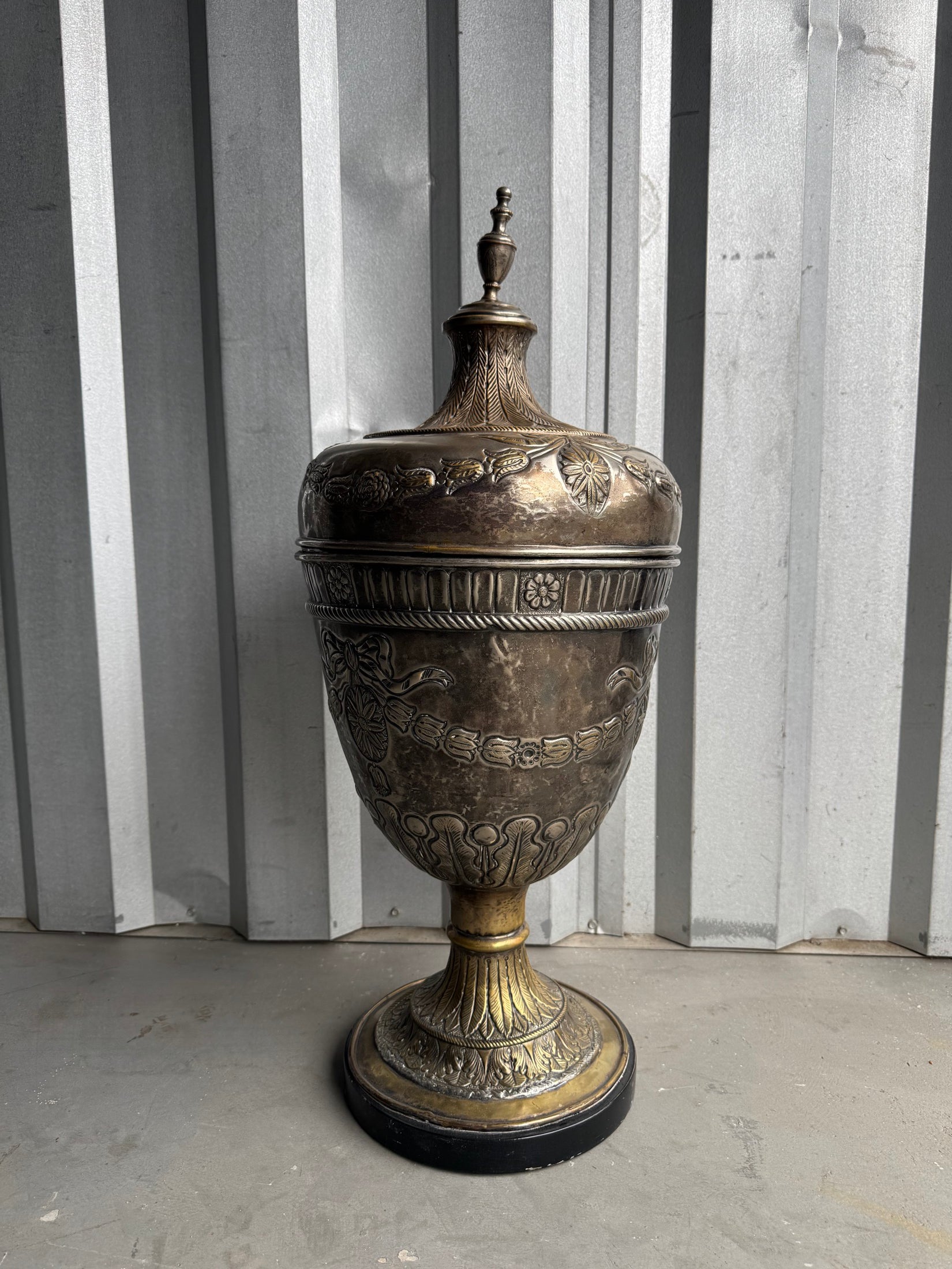 Silver Plate Trophy Urn Domed Cover Cast Finial Repousse Banding Vintage