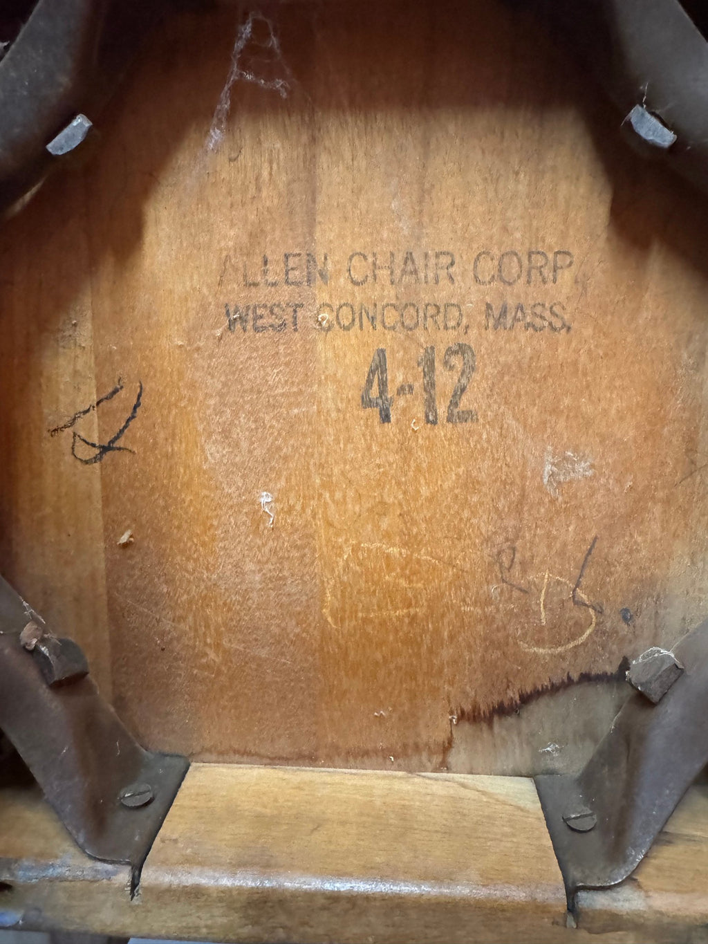 Underside ink stamp reading Allen Chair Corp., West Concord, Mass., 4-12