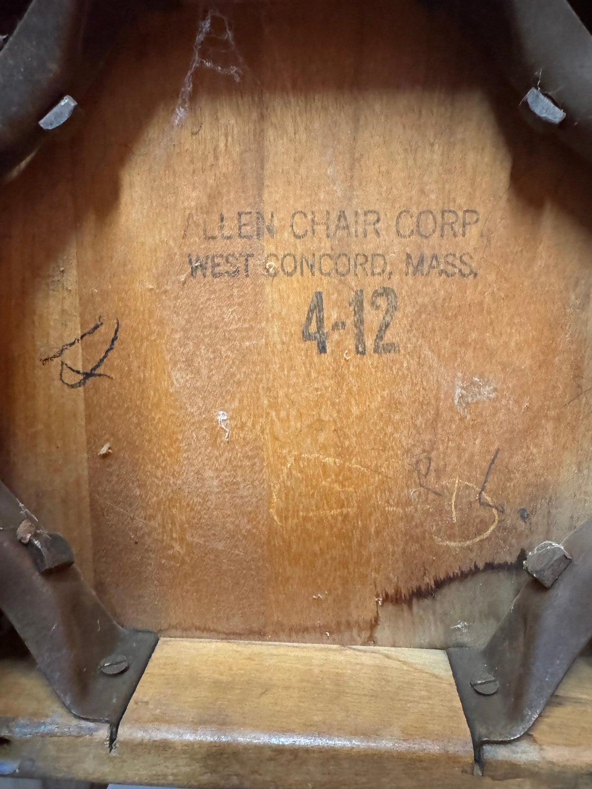 Underside ink stamp reading Allen Chair Corp., West Concord, Mass., 4-12