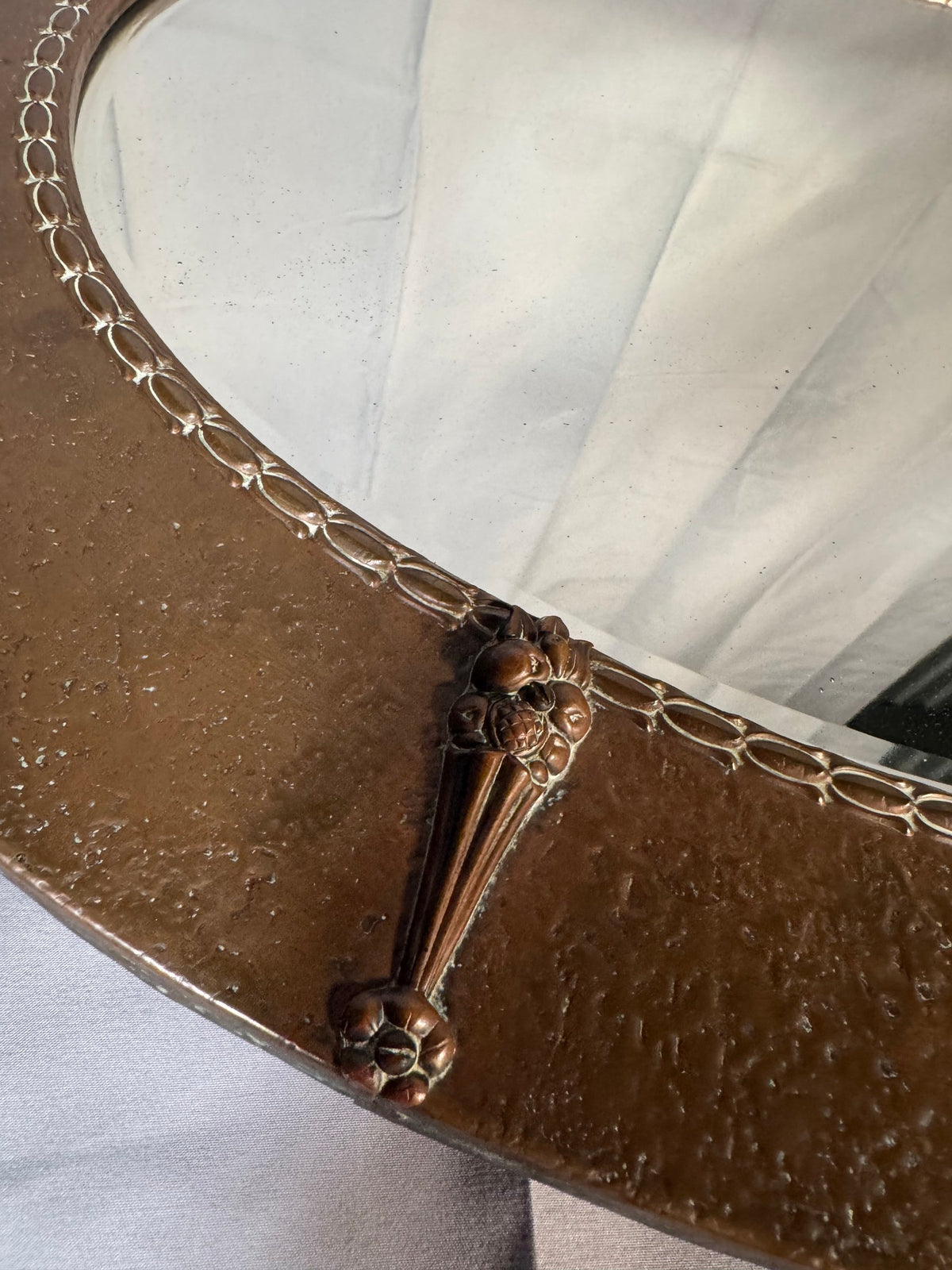 Oval Wall Mirror Arts and Crafts Style Hammered Metal Frame with Strapwork