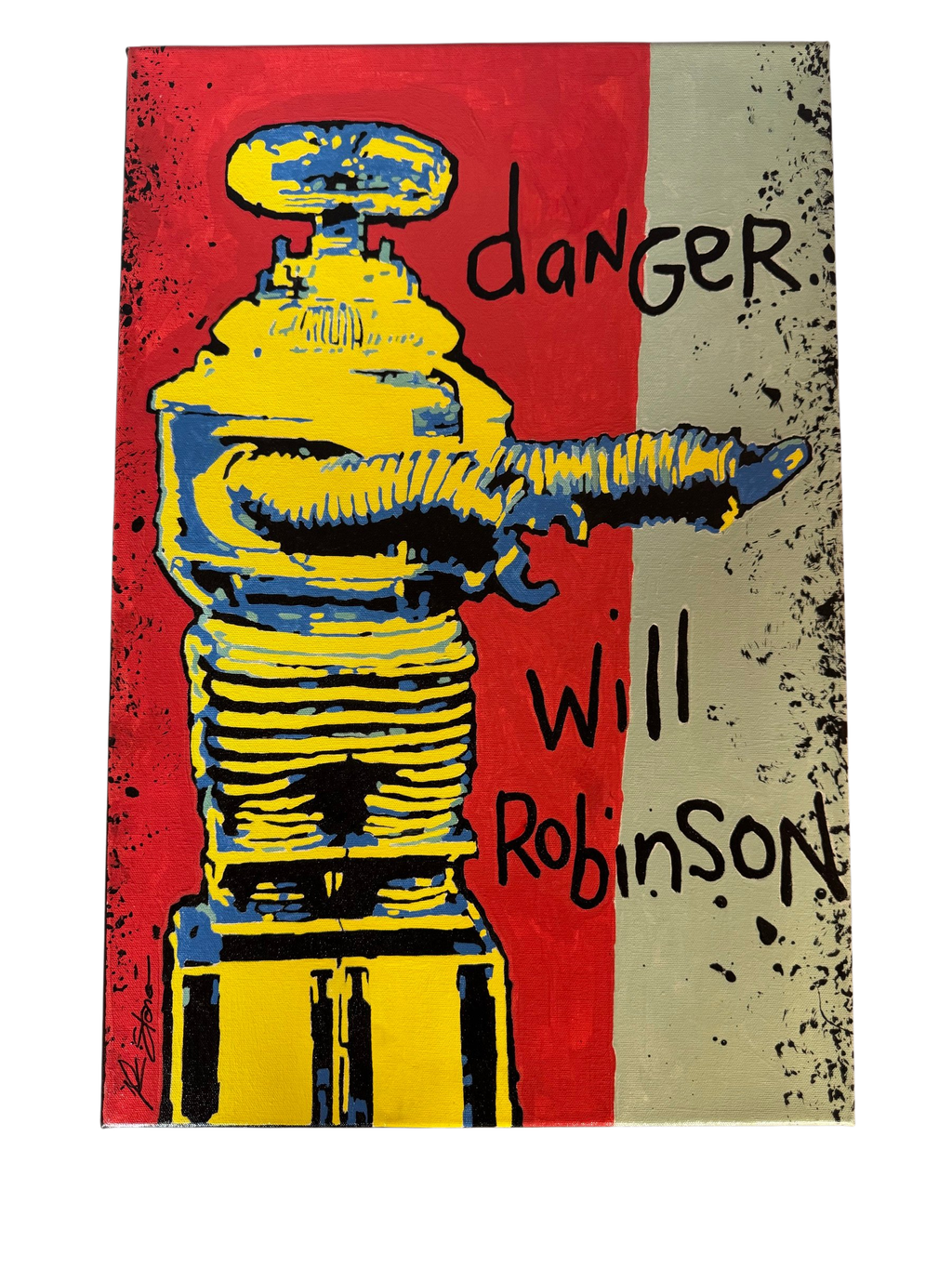 Lost in Space robot painting on canvas, straight-on