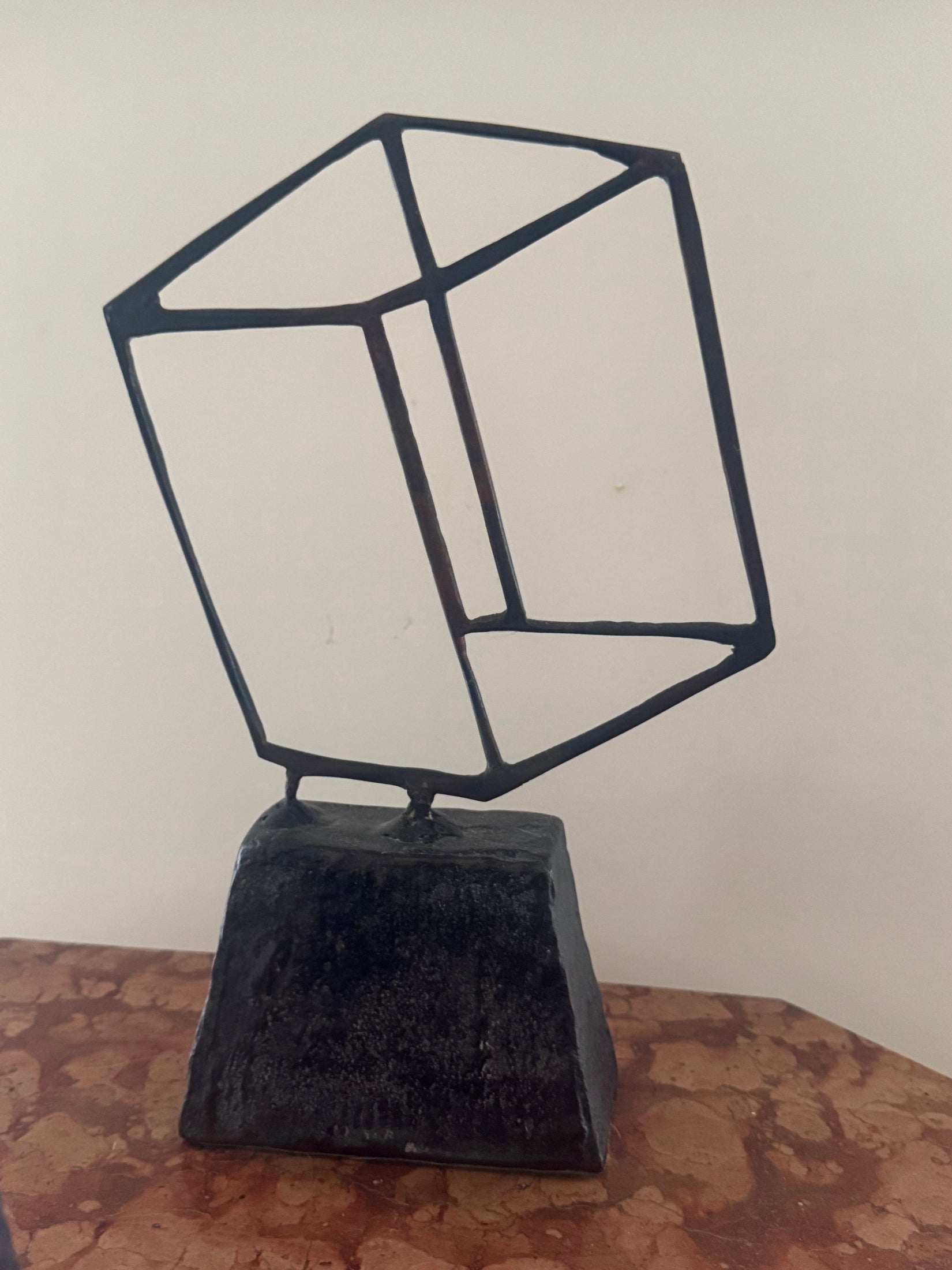Brutalist Welded Steel Sculpture Abstract Cube and Block on Pedestal Signed No