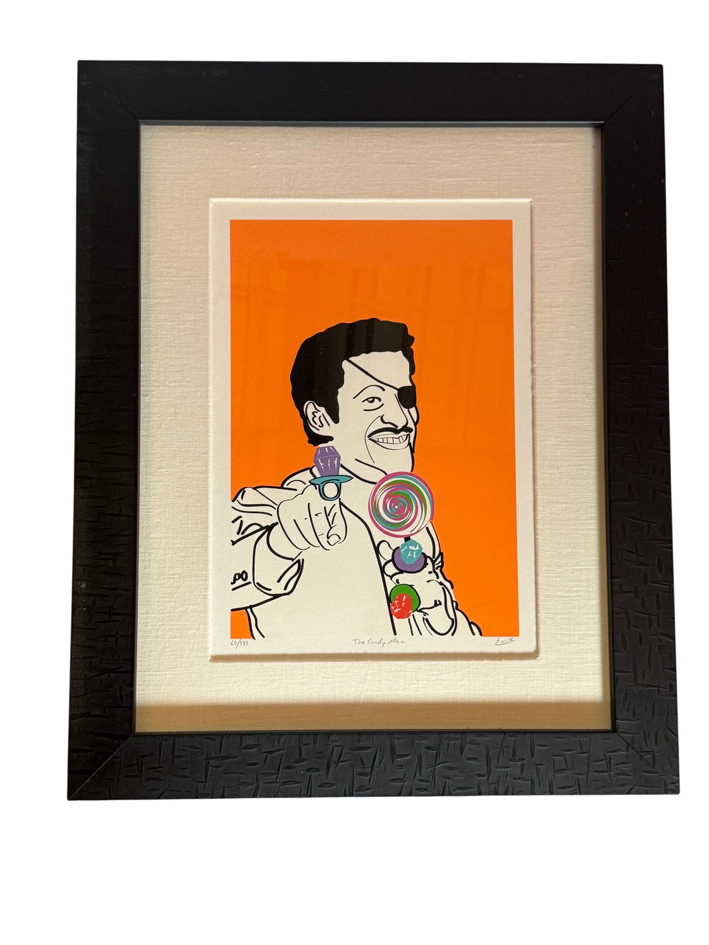 Framed The Candy Man screenprint in a black frame with linen mat