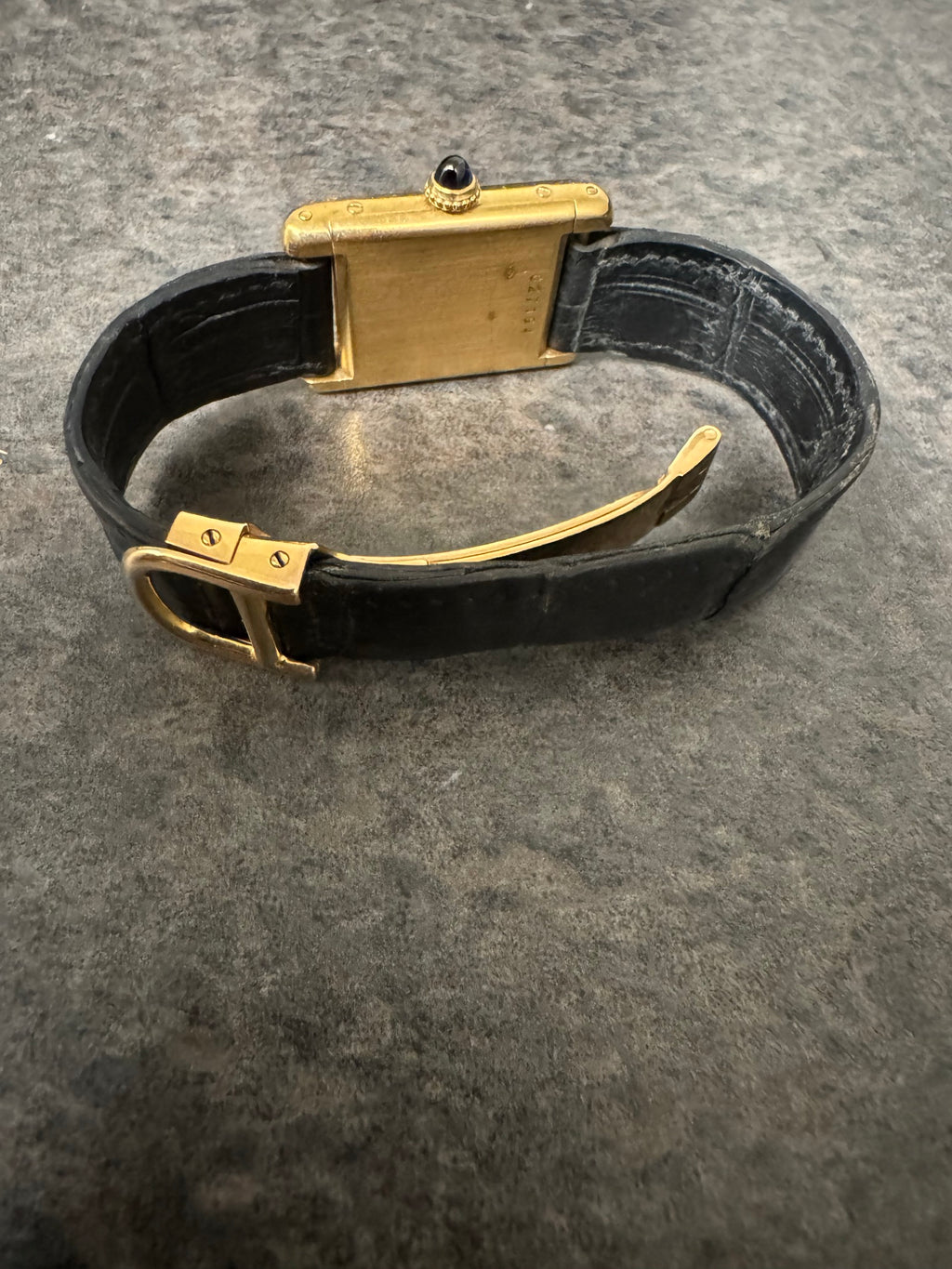 Cartier Tank Style Wristwatch Gold Tone Roman Dial Black Leather Signed Buckle