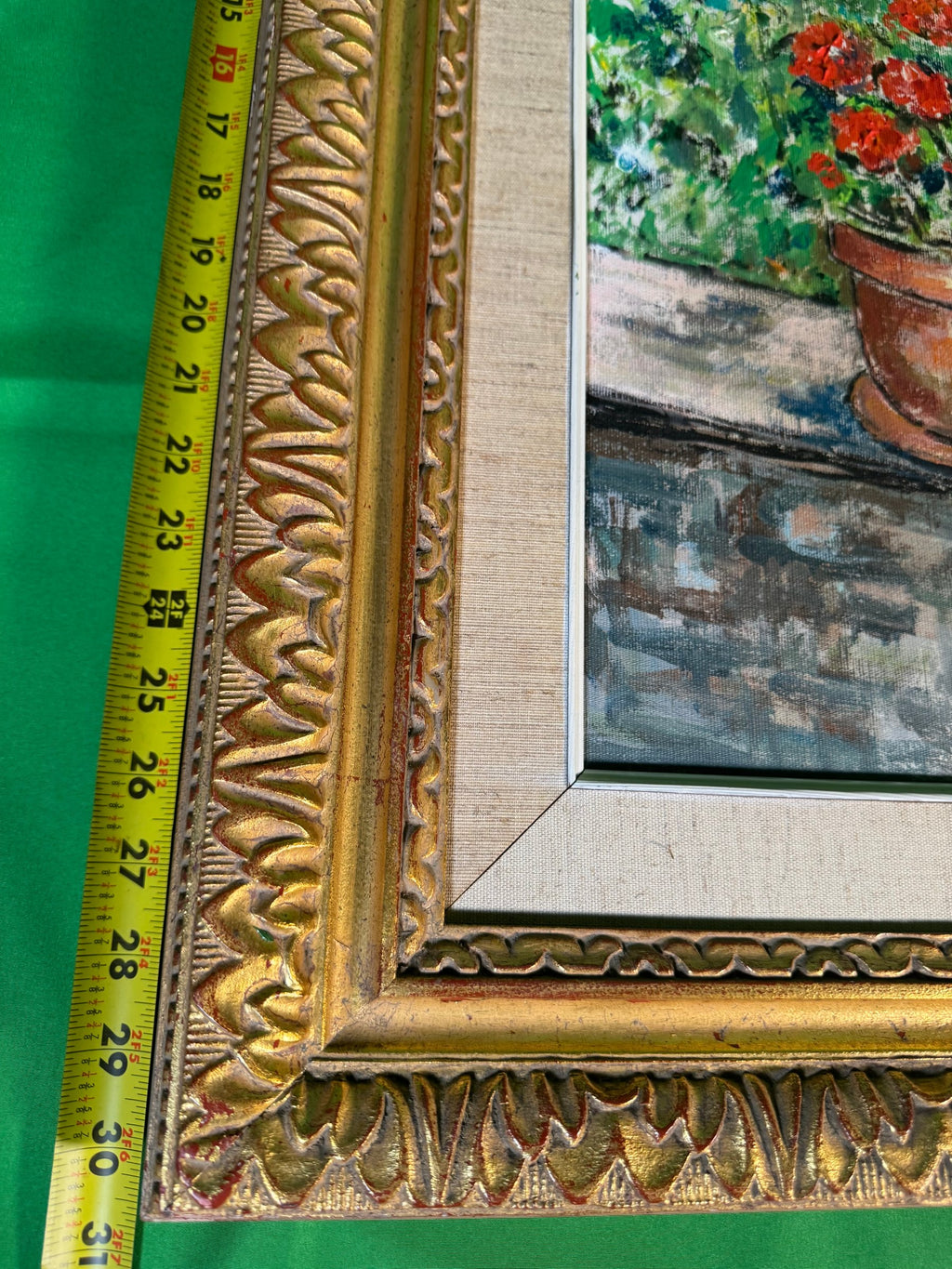 Oil Painting Pot of Geraniums on Terrace Wall Signed Girard 78 Gilt Frame